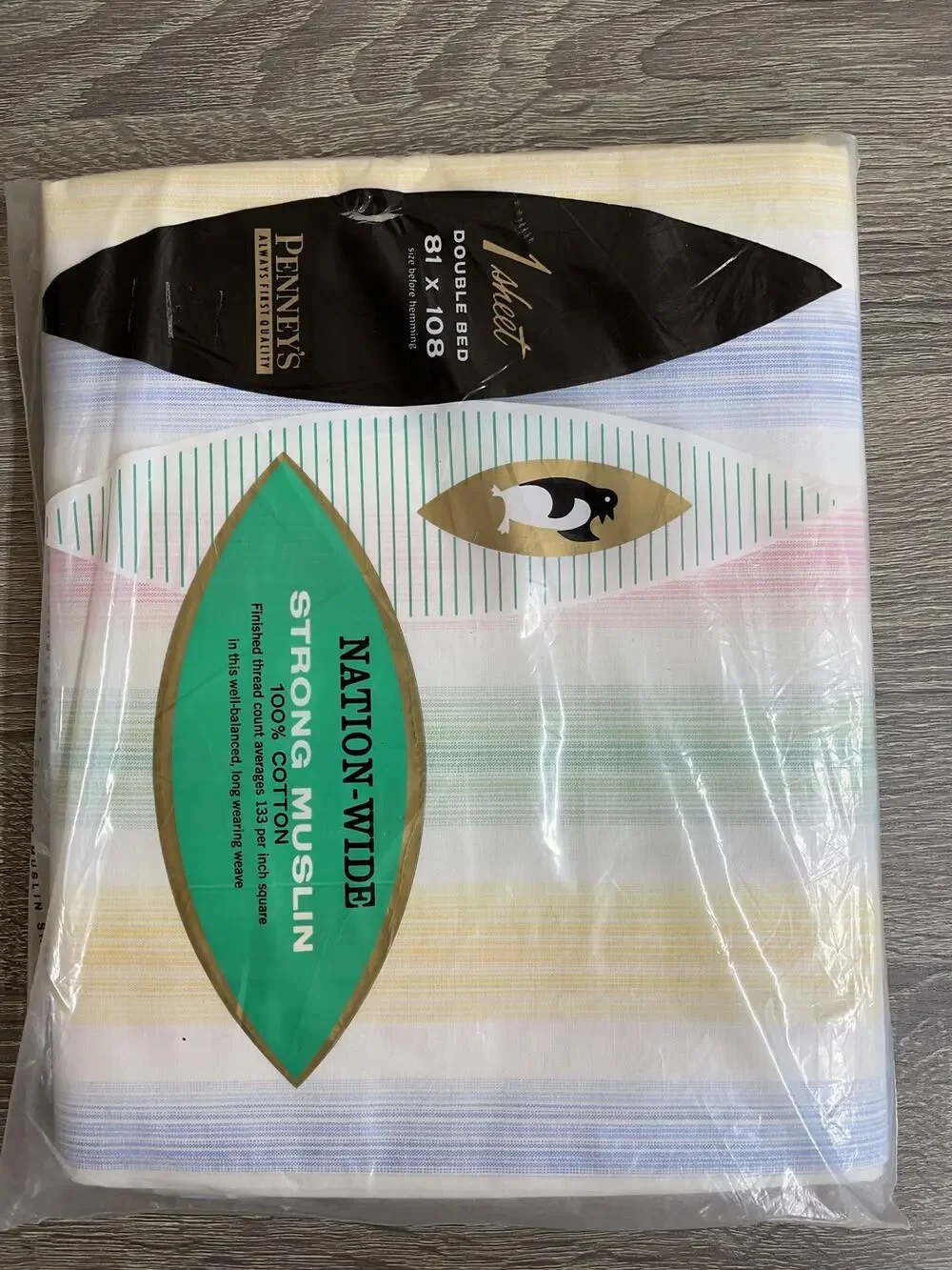 Vintage NIP Nation-wide Penney Muslin Flat Double Sheet Multicolored Stripes